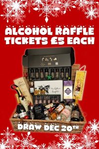 A red poster with a hamper full of Alcohol